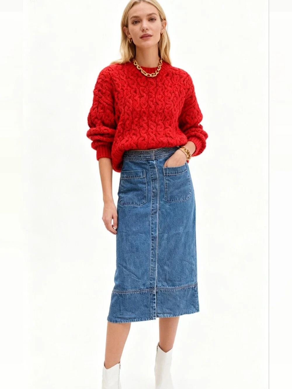 Free People Denim Button Front Midi Skirt Size 10